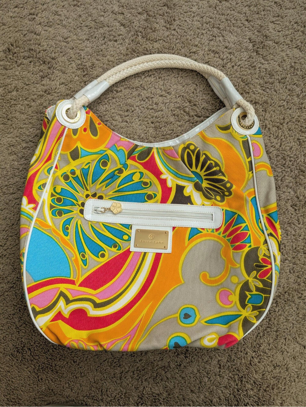 Trina Turk Tropical Floral Print Canvas Tote Shoulder Beach Bag Multicolor